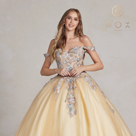 NEW SLEEVELESS CUT AWAY SHOULDER BALL GOWN EMBROIDERED WITH APPLIQUE NX JU809